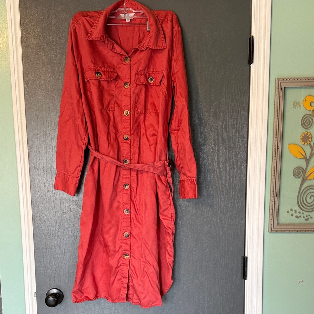Button-Front Shirt Dress in Burnt Orange